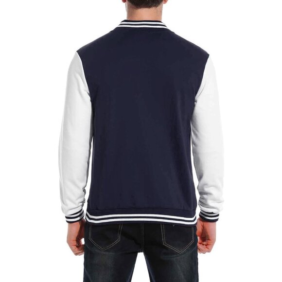 Men's Varsity Jacket Slim Fit Cotton Letterman Baseball Bomber Jackets Navy - Picture 2 of 4
